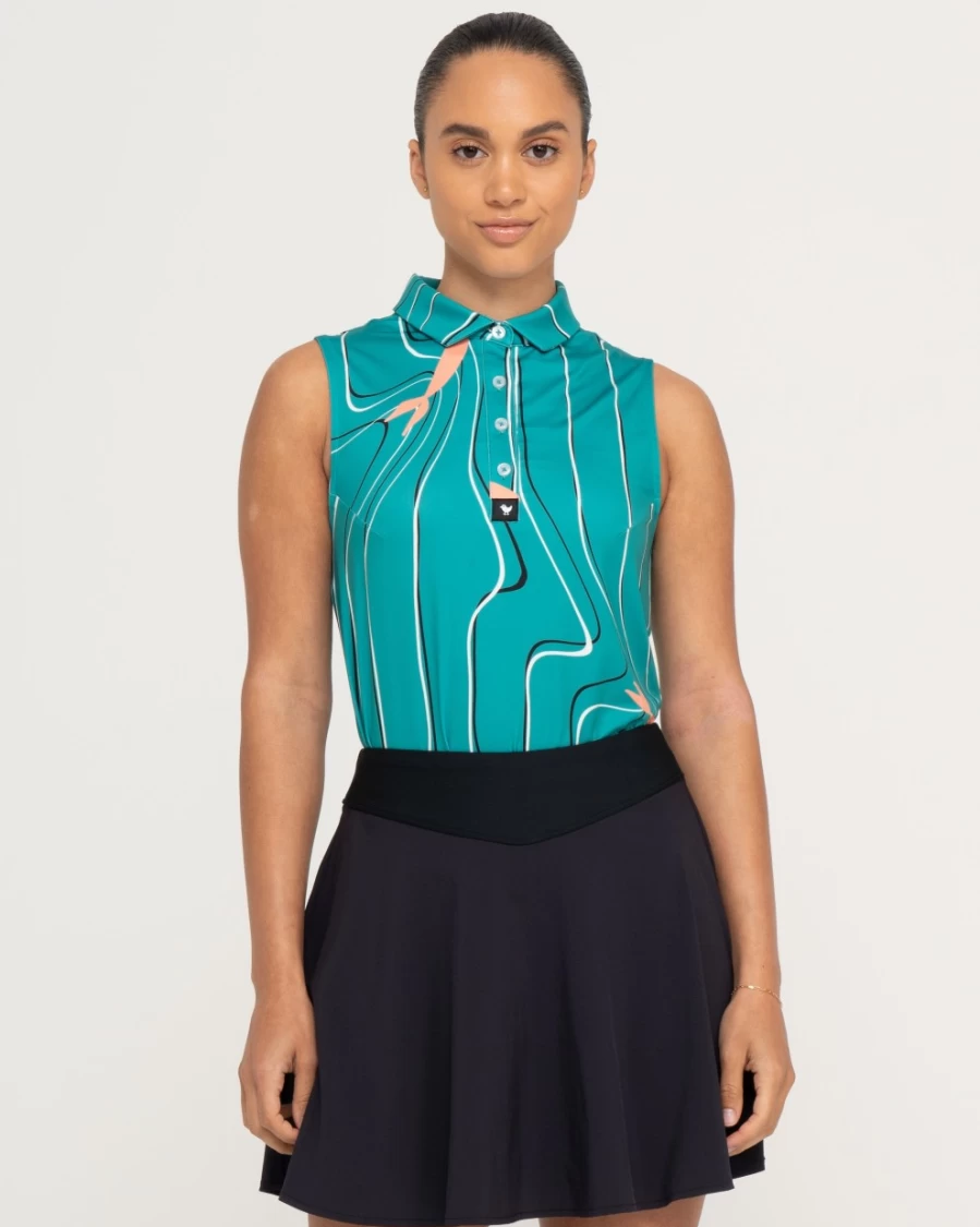 Women's Sleeveless Polo Shirt by Bad Birdie - Koi Joy Turquoise for Summer Golf & Casual Wear